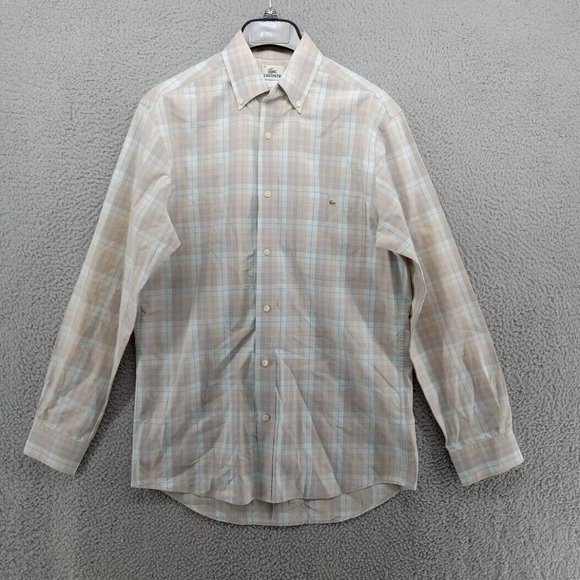 Lacoste Shirt Mens Size 38 Medium Beige Tan Blue Windowpane Check Button Down - Picture 1 of 7